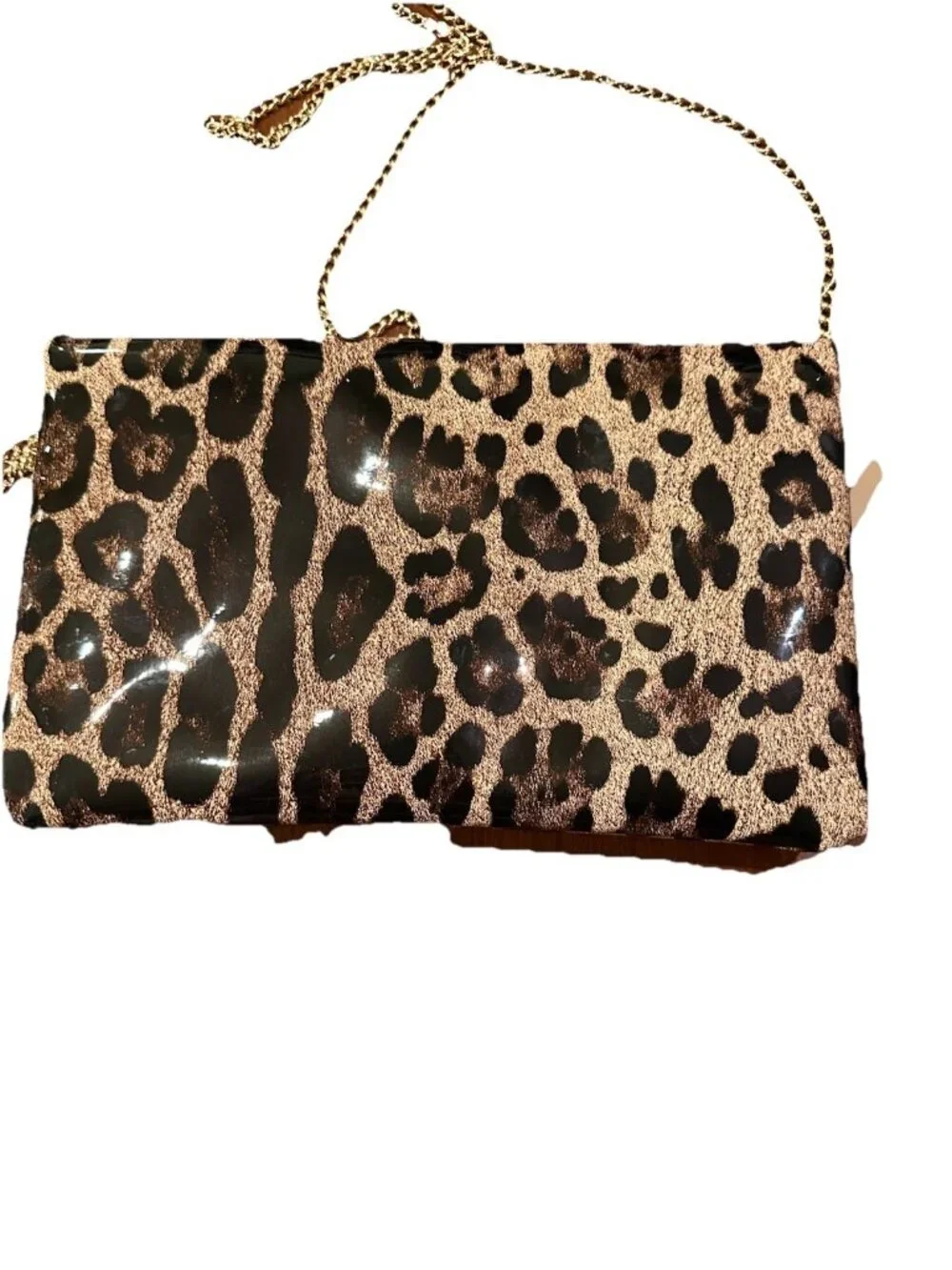 Vinyl Leopard Print Clutch with Gold Crossbody Chain Perfect With Jeans & Heels